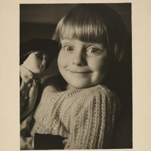 Photograph by Olaf Christoffersen of his daughter, Turid, joyfully holding a doll, capturing a moment of childhood innocence and happiness, circa 1935.