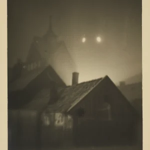 Photograph by Olaf Christoffersen of a misty landscape with two blurred light sources, evoking an ethereal and enigmatic atmosphere.