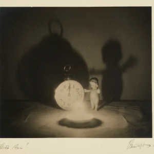 Photograph by Olaf Christoffersen from 1929 of a clock set to midnight, a candle’s glow, and a small figure casting a shadow, symbolizing the arrival of a new year.