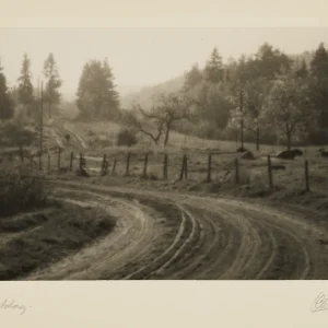 Photograph by Olaf Christoffersen of a winding country road in Hammeren, Maridalen, surrounded by autumn colors and mist, evoking a tranquil and nostalgic atmosphere.