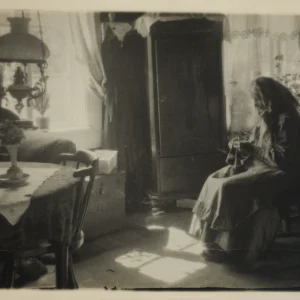 Photograph by Olaf Christoffersen of an elderly woman knitting by a window in a 1920s living room, with soft lighting creating a warm and nostalgic atmosphere.