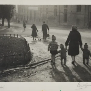 Photograph by Olaf Christoffersen of people walking in the Hammersborg area of Oslo near the Trinity Church on a sunny April day, casting long shadows.